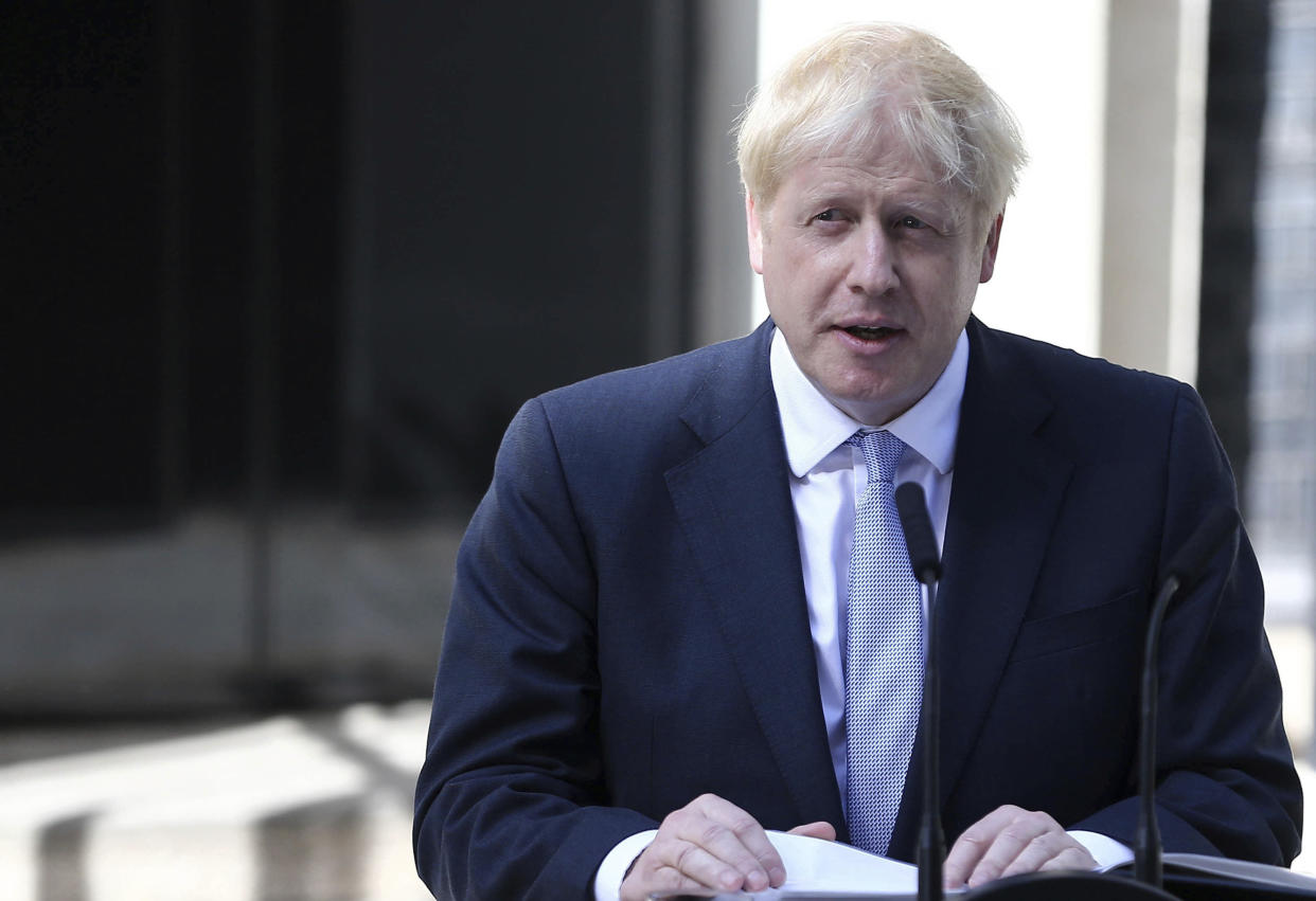 December 13th 2019 - Prime Minister Boris Johnson celebrates a resounding victory in the UK General Election of December 12, 2019 as the Conservative Party secures a comfortable majority in The House of Commons. - File Photo by: zz/KGC-254/STAR MAX/IPx 2019 7/24/19 Boris Johnson delivers his first speech as Prime Minister of The United Kingdom outside Number 10 Downing Street. (London, England, UK)