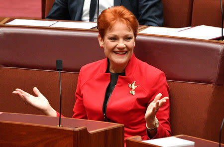 One Nation leader Senator Pauline Hanson gestures before the Income Tax vote in the Senate Chamber at Parliament House in Canberra, Australia, June 21, 2018. AAP/Mick Tsikas/via REUTERS