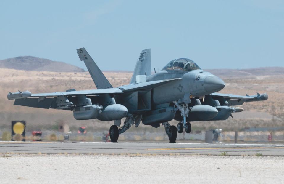 A Navy EA-18G Growler arrives at Nellis for Red Flag 23-3.<em> USAF</em>