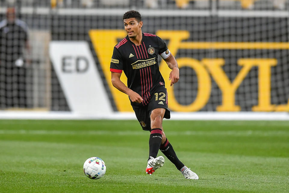 KENNESAW, GA  APRIL 20:  Atlanta defender Miles Robinson (12) passes the ball during the Lamar Hunt US Open Cup match between Chattanooga FC and Atlanta United FC on April 20th, 2022 at Fifth Third Bank Stadium in Kennesaw, GA.  (Photo by Rich von Biberstein/Icon Sportswire via Getty Images)