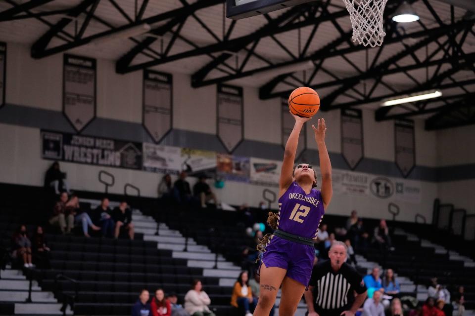 Okeechobee’s Jasmine Shanks goes for a layup against Jensen Beach in a girls basketball game Tuesday, Jan. 18, 2022, in Jensen Beach High School. Okeechobee won 55-42.