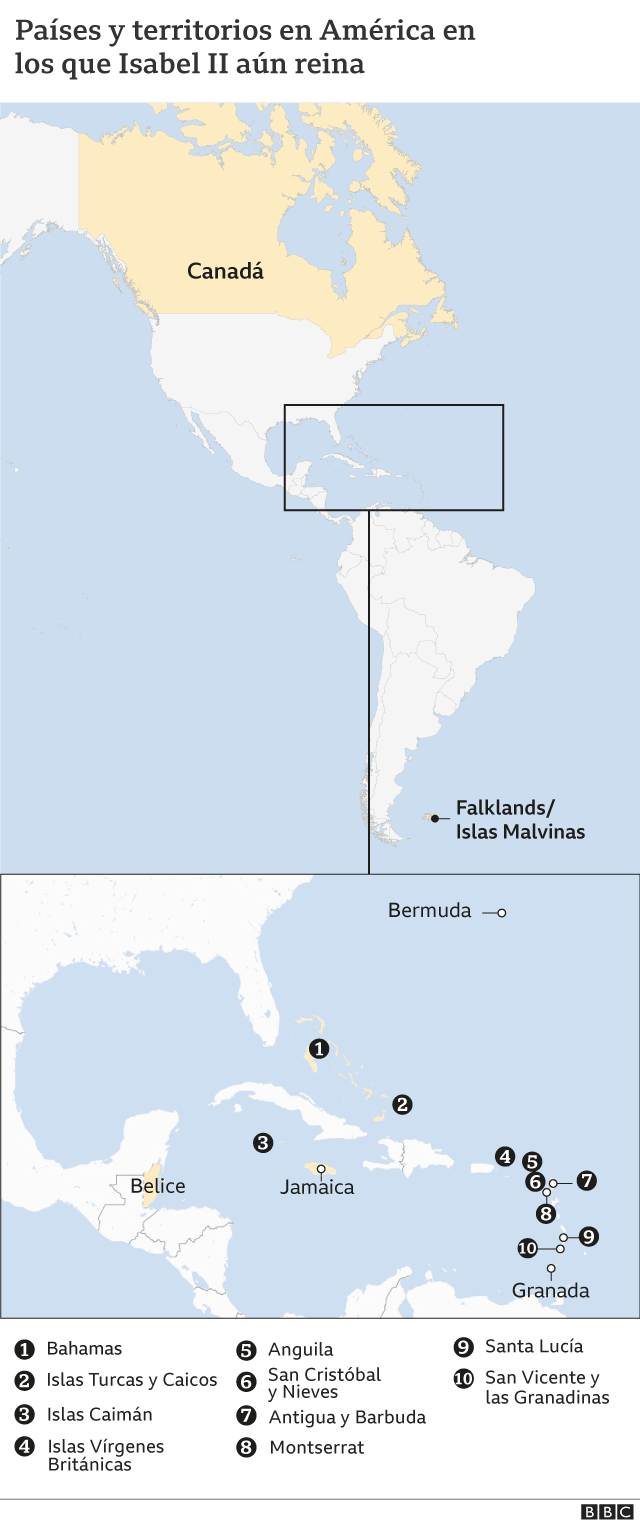 Mapa con los países y territorios en los que aún reina Isabel II.