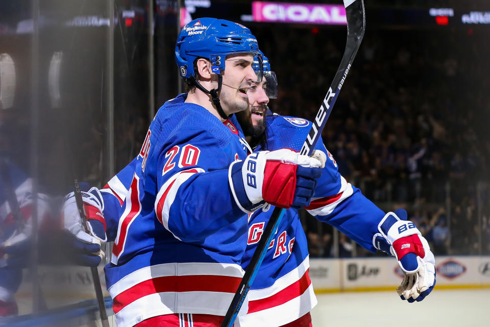 An obvious way to stack in daily fantasy hockey is with multiple forwards from the same line, such as the Rangers'  Chris Kreider (20) and Mika Zibanejad (93).