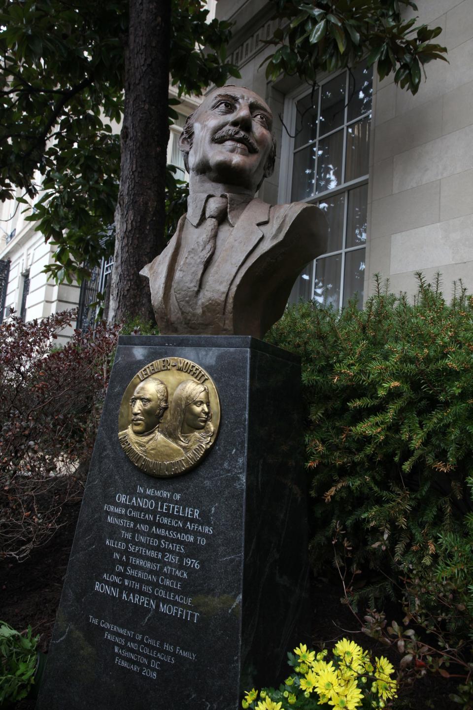 A statue honoring Orlando Letelier was unveiled at the residence of the Chilean ambassador to the United States in Washington, D.C. on Feb. 25, 2018.