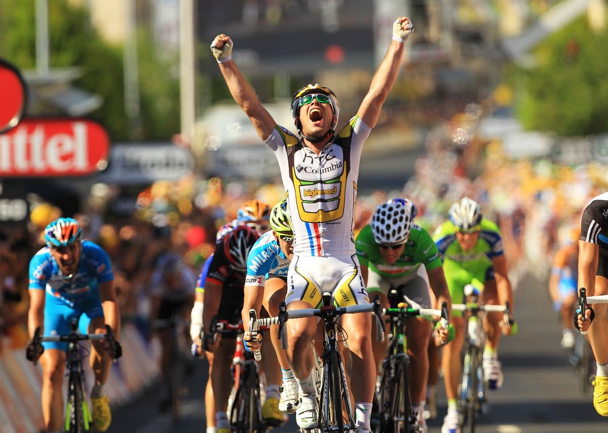 Mark Cavendish celebrates wining stage five of the 2010 Tour in Montargis (Getty Images)