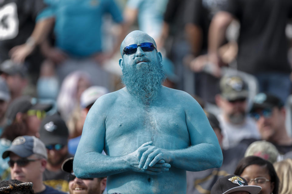 A fan of the Jacksonville Jaguars all painted up in teal in the stands during the game against the Indianapolis Colts at TIAA Bank Field on December 2, 2018 in Jacksonville, Florida. The Jaguars defeated the Colts 6 to 0. (Photo by Don Juan Moore/Getty Images)