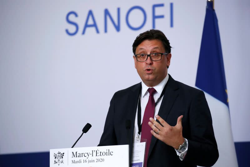 FILE PHOTO: Paul Hudson, CEO of Sanofi, delivers a speech at the French drugmaker's vaccine unit Sanofi Pasteur plant near Lyon