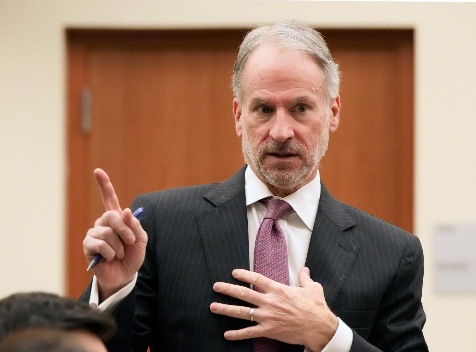 Sam Shamansky, defense attorney for Jahsen L. Wint, speaks during jury selection on Monday in the trial for Wint and Amir I. Riep, 24-year-old former defensive players for the Ohio State University football team who were removed from the team after they were accused of raping a 19-year-old woman in February 2020.