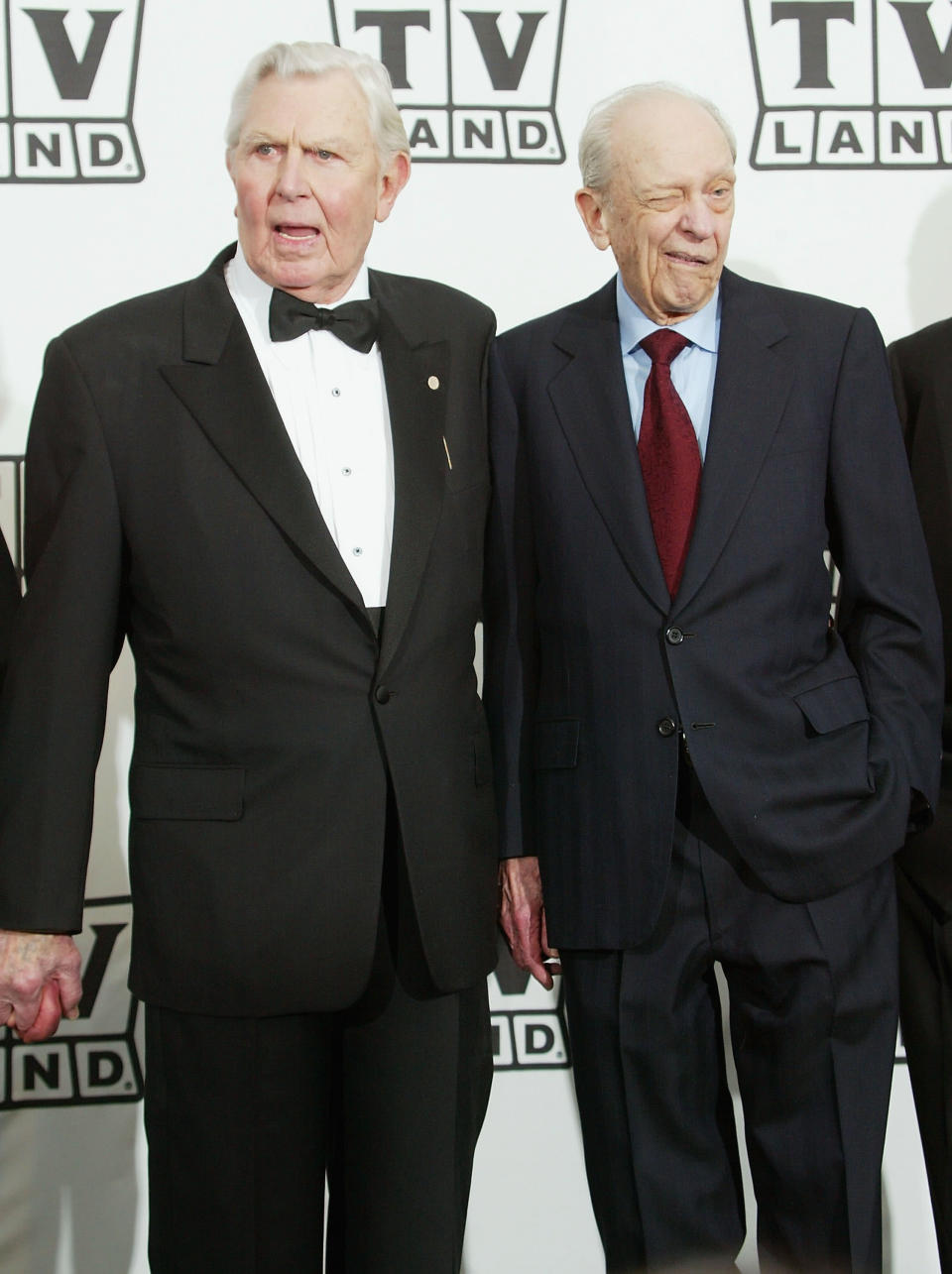 HOLLYWOOD, CA - MARCH 7: Actor Andy Griffith with his award and actor Don Knotts pose backstage at the 2nd Annual TV Land Awards held on March 7, 2004 at The Hollywood Palladium, in Hollywood, California. (Photo by Frederick M. Brown/Getty Images)