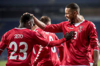 Soccer - International Friendly - Denmark v Panama - Broendby stadium, Copenhagen, Denmark - March 22, 2018. Denmark's Pione Sisto scores and celebrates with Denmark's Mathias Zanka Joergensen during the friendly soccer football match. Ritzau Scanpix/Mads Claus Rasmussen via REUTERS