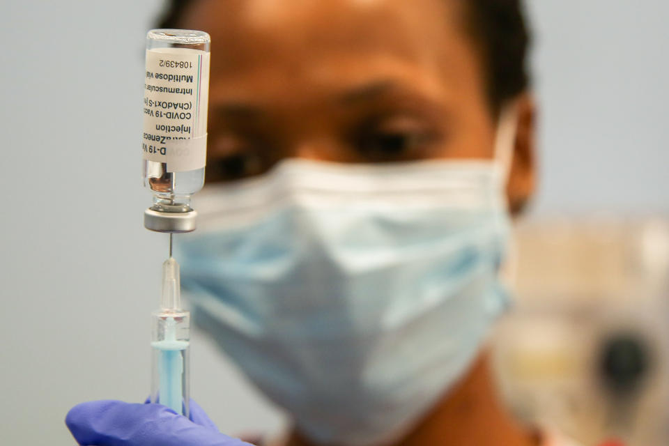 A NHS staff prepares to administer the Oxford AstraZeneca Covid-19 vaccine to a member of the public at a vaccination centre in London. (Photo by Dinendra Haria / SOPA Images/Sipa USA)