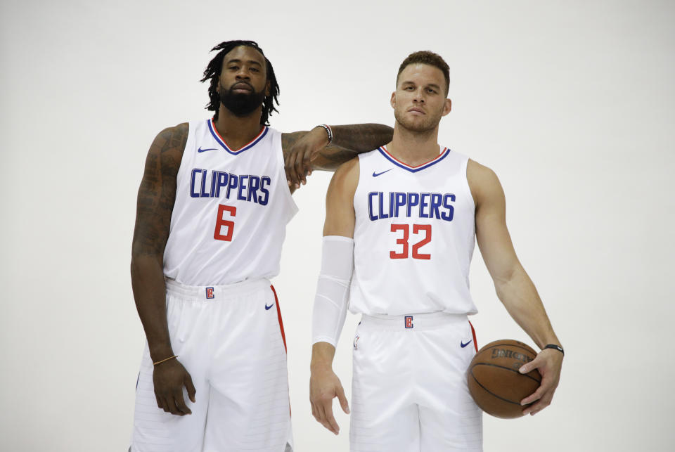 Los Angeles Clippers DeAndre Jordan, left, and Blake Griffin pose for photos during media day. (AP Photo/Jae C. Hong)