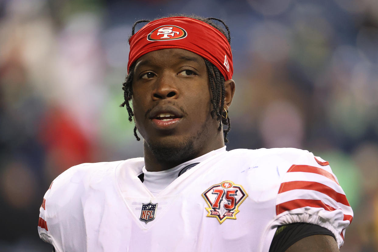 SEATTLE, WASHINGTON - DECEMBER 05: Jaquiski Tartt #3 of the San Francisco 49ers reacts after the 30-23 loss to the Seattle Seahawks at Lumen Field on December 05, 2021 in Seattle, Washington. (Photo by Abbie Parr/Getty Images)