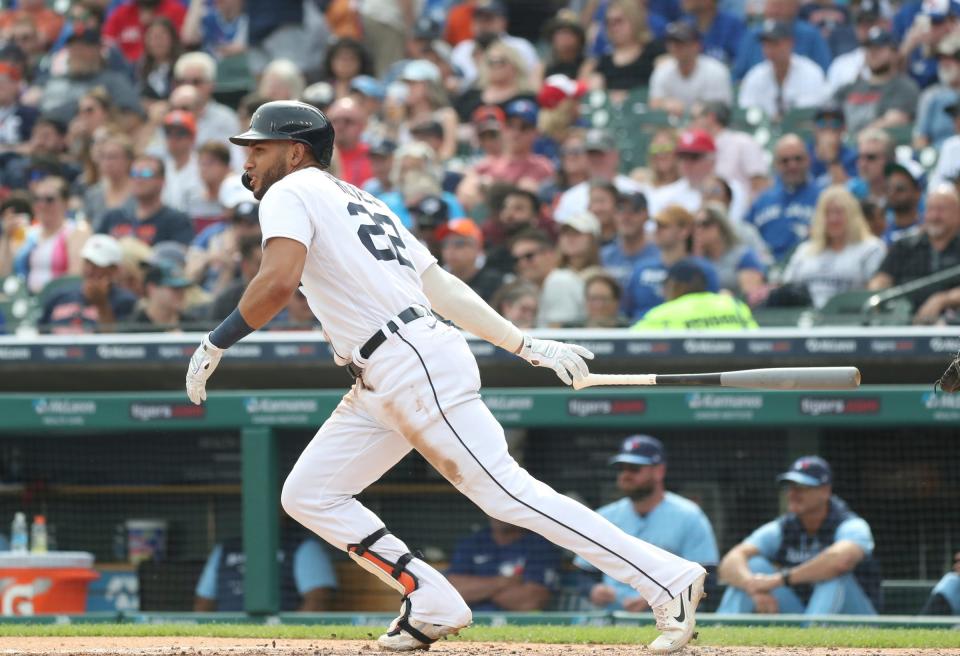 Tigers center fielder Victor Reyes bats against Blue Jays pitcher Kevin Gausman during the third inning on Saturday, June 11, 2022, at Comerica Park.