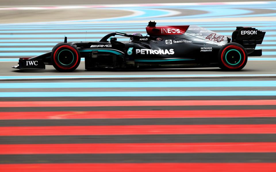 Lewis Hamilton of Great Britain driving the (44) Mercedes AMG Petronas F1 Team Mercedes W12 on track during final practice ahead of the F1 Grand Prix of France at Circuit Paul Ricard on June 19, 2021 in Le Castellet, France -  Formula 1/Formula 1 via Getty Images