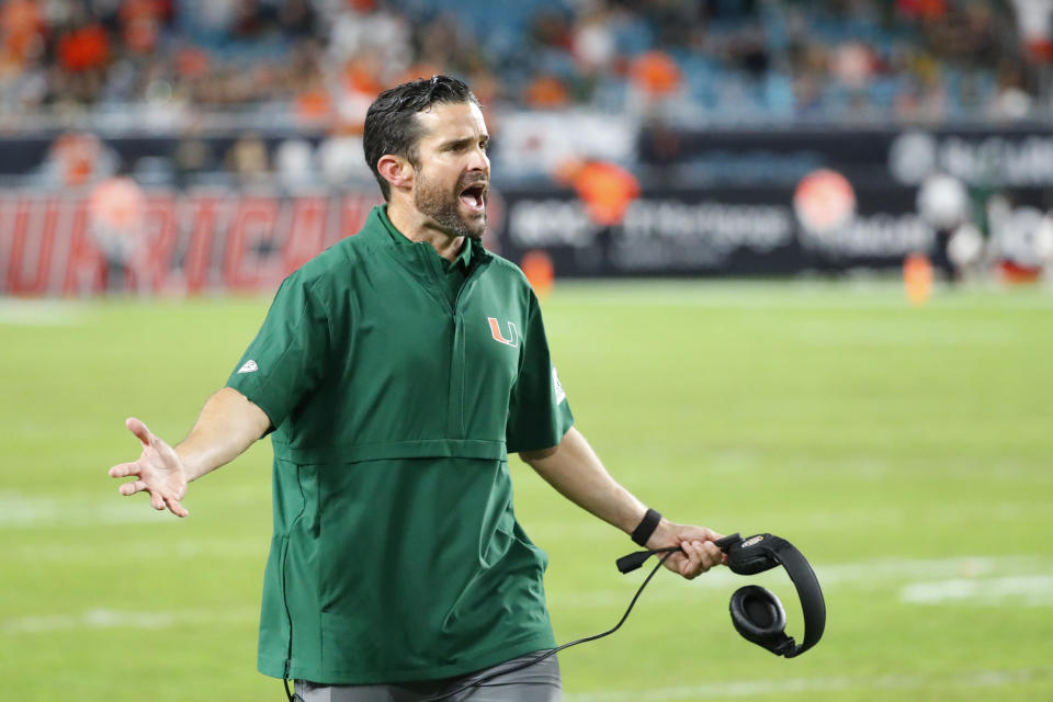 Manny Diaz will lead Miami against his old school Louisiana Tech in the Independence Bowl. (AP Photo/Wilfredo Lee)