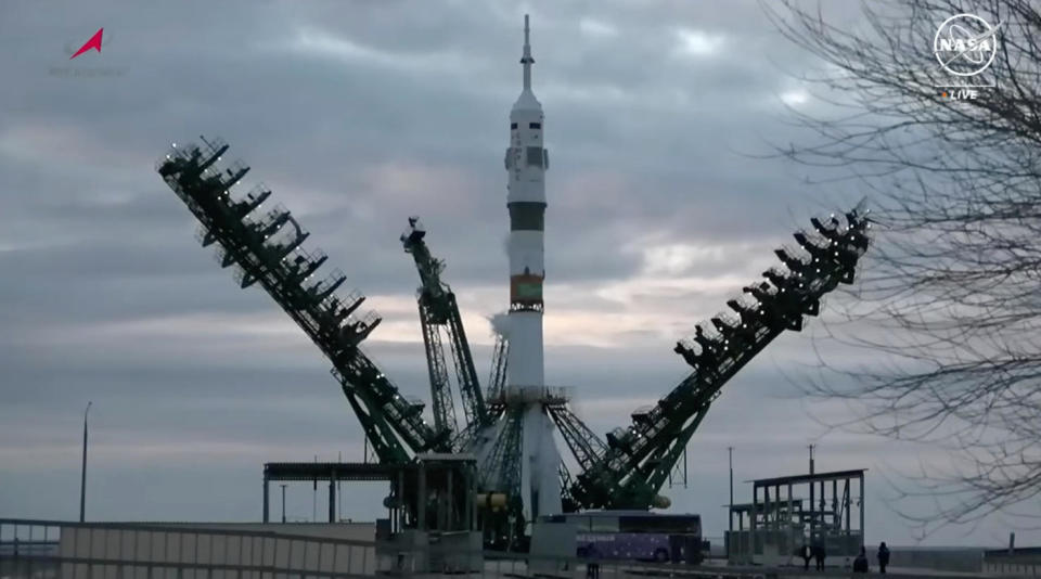 Access gantries are lifted back into position after launch of the Soyuz MS-25/71S spacecraft was aborted at the Baikonur Cosmodrome in Kazakhstan.  / Credit: NASA TV