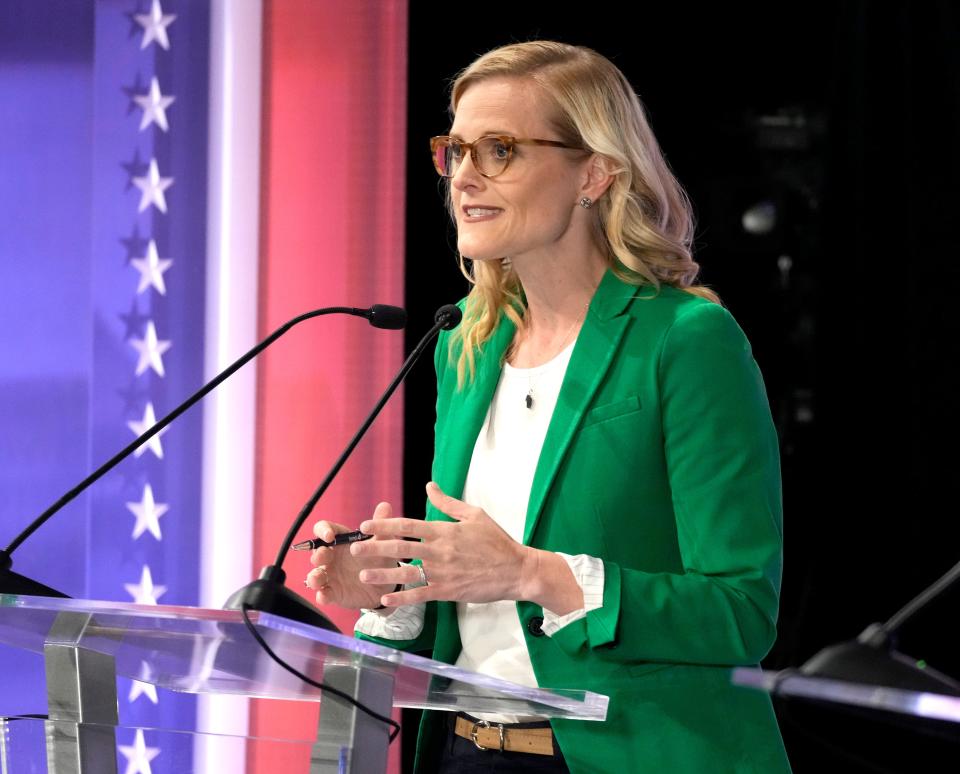 Candidate, State Treasurer Sarah Godlewski, speaks during the Democratic U.S. Senate debate at Marquette University's Varsity Theatre in Milwaukee on Sunday, July 17, 2022. It was the first televised debate of Wisconsin's campaign season before the Aug. 9 primary.