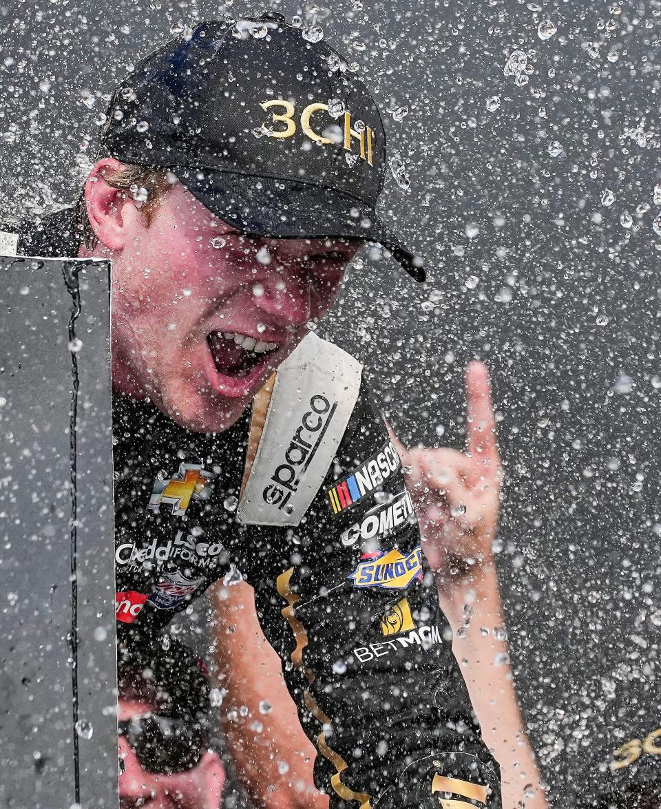 NASCAR Cup Series driver Tyler Reddick (8) celebrates winning the 29th annual Verizon 200 at the Brickyard on Sunday, July 31, 2022 at Indianapolis Motor Speedway in Indianapolis. 