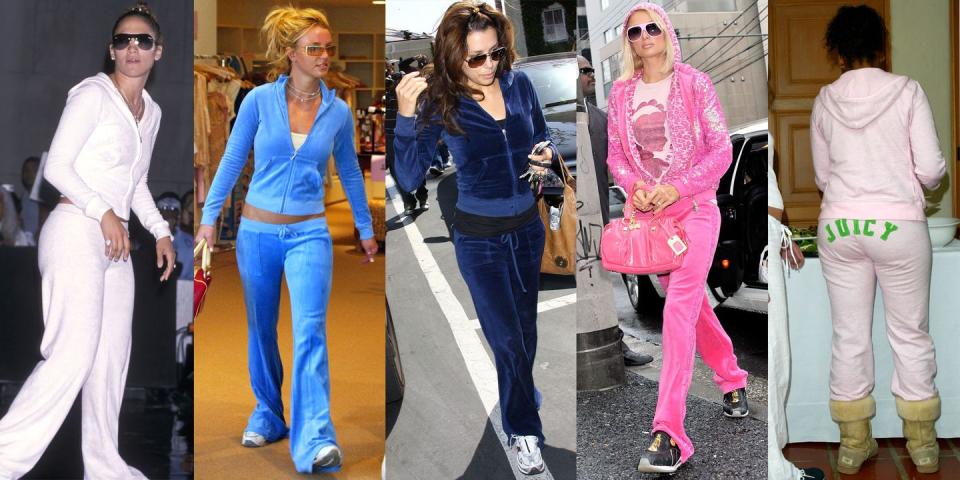 <p>And arriving at the most painfully terrible fashun decade of them all: the early aughts. Spearheading this time of bad sartorial decisions was the ubiquitous velour tracksuit. Everyone and their mother (literally) had a tracksuit to style with a cami underneath and a logo bag in tow. Bonus points if you had a pair with the word "JUICY" across the butt—super chic. </p>