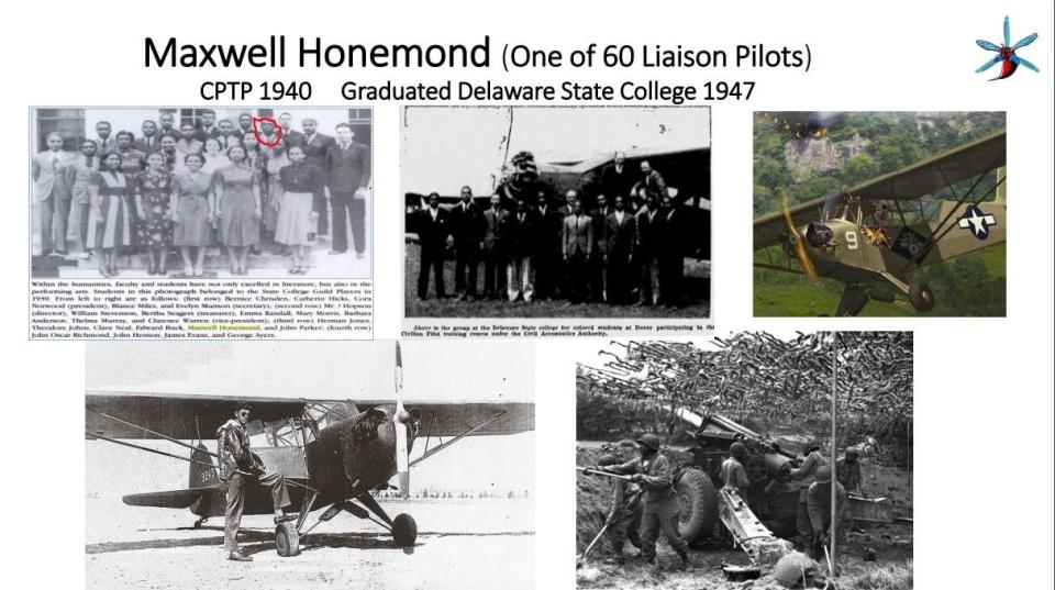 Retired Lt. Col. Michael Hales, director of DSU Aviation and 25-year veteran of the U.S. Army, shares an old slide from a presentation on the history of Maxwell Honemond — one of some 1,000 Tuskegee Airmen, the nation’s first Black pilots trained for war, and a graduate of today's Delaware State University in Dover, Delaware, in 1947.