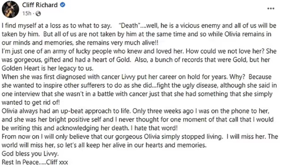 Sir Cliff Richard shared this tribute on Facebook to Dame Olivia Newton-John (Cliff Richard / Facebook)