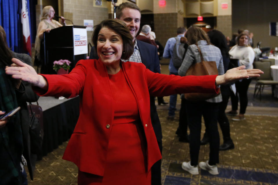 Democratic presidential candidate Amy Klobuchar, D-Minn., gestures to the media after speaking to the Scott County Iowa Democrats Saturday, Jan. 25, 2020, in Bettendorf, Iowa. (AP Photo/Sue Ogrocki)