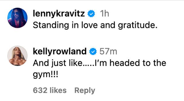 <p>Lenny Kravitz/Instagram</p> Kelly Rowland's comment on Lenny Kravitz Instagram
