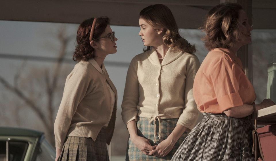 Oklahoma farm girl Iris (far left, Kara Hayward) is a wallflower until Maggie (Liana Liberato) gets to town in "To the Stars."