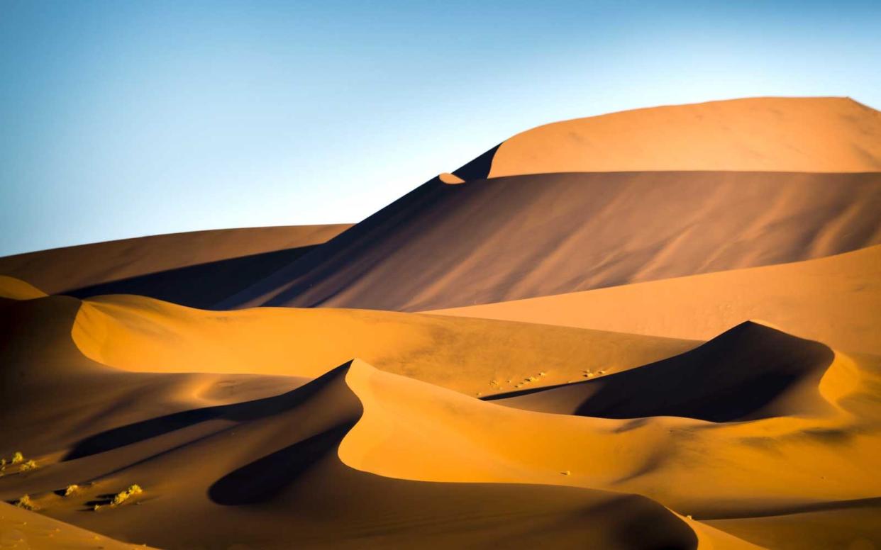 The pattern of light and shadow in the red/orange sand dunes in Sossusvlei, Namibia under a clear blue sky.