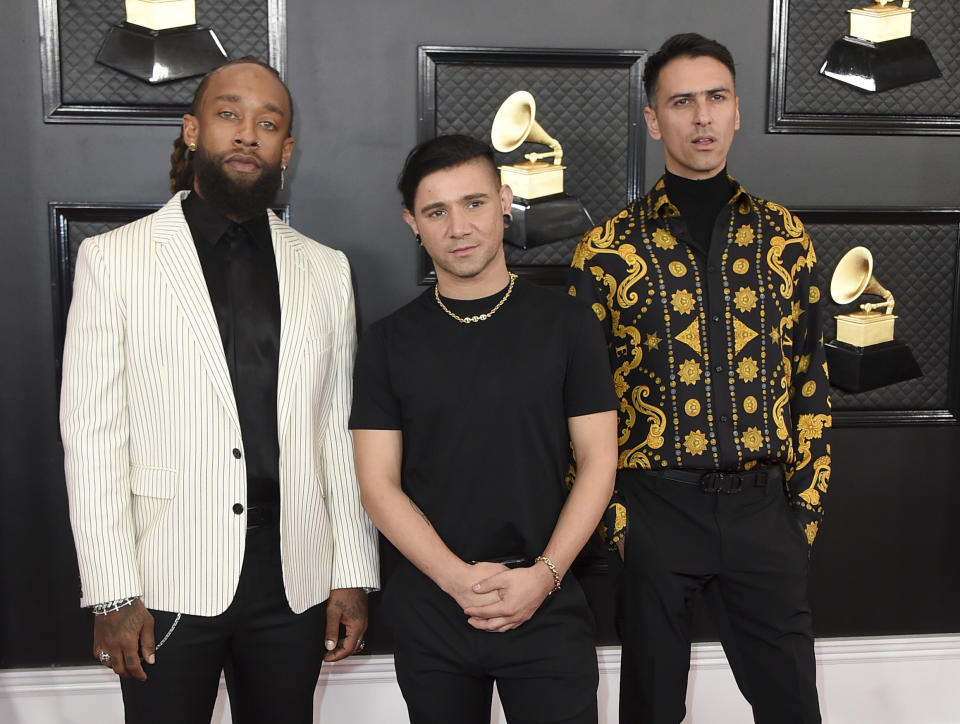 Ty Dolla Sign, from left, Skrillex and Boys Noize arrive at the 62nd annual Grammy Awards at the Staples Center on Sunday, Jan. 26, 2020, in Los Angeles. (Photo by Jordan Strauss/Invision/AP)