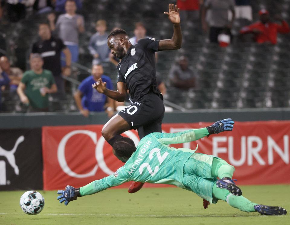 Memphis 901 FC’s Roland Lomah jukes past Sporting Kansas City II goalie Kendall Mcintosh to score during their match at AutoZone Park on Wednesday, Oct. 6, 2021.