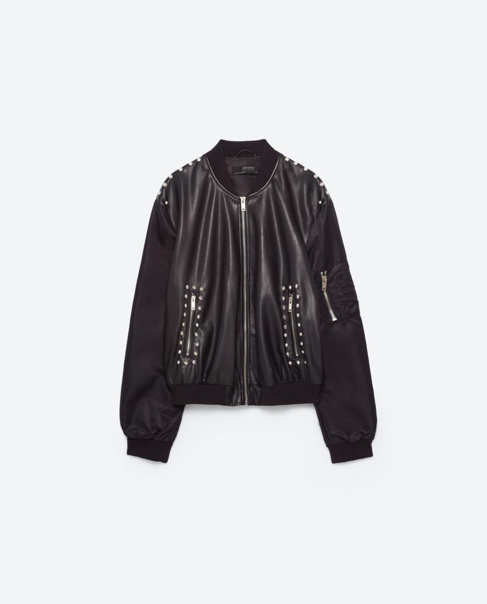 Embroidered Leather Effect Bomber Jacket
