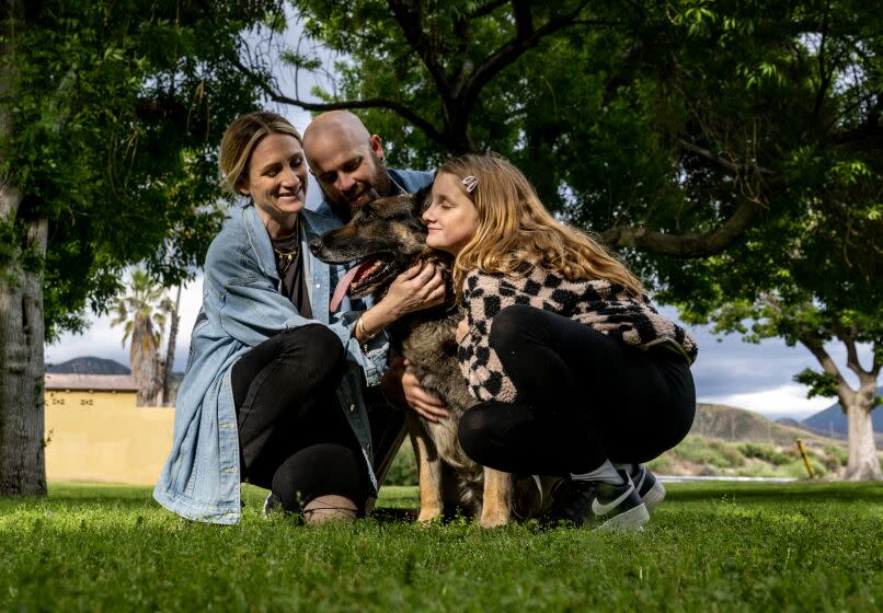 The Bauer family, Trish, 34, Josh,36, and Lily,10, with their rescued German shepherd Cooper in San Bernardino