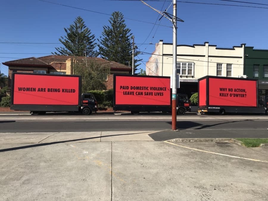 The mobile billboards outside the office of Australia's minister for women. (Photo: Australian Council of Trade Unions)