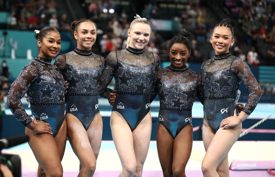 Jordan Chiles (L), Hezly Rivera, Jade Carey, Simone Biles and Suni Lee. (Naomi Baker/Getty Images)