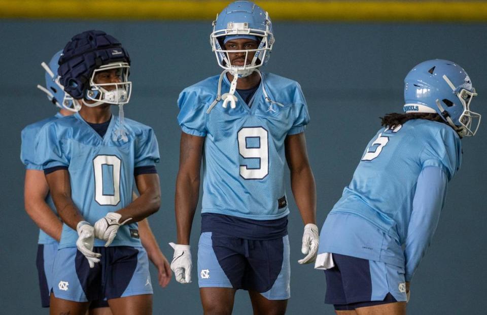 North Carolina wide receiver Devontez Walker (9) during the Tar Heels’ first day of practice on Wednesday, August 2, 2023 in Chapel Hill, N.C.