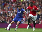 Manchester United's Paul Pogba, right, challenges Chelsea's Mateo Kovacic during the English Premier League soccer match between Manchester United and Chelsea at Old Trafford in Manchester, England, Sunday, Aug. 11, 2019. (AP Photo/Dave Thompson)