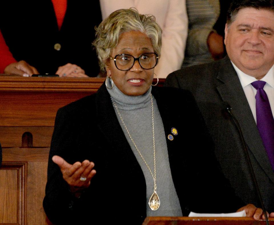 Sen. Doris Turner, D-Springfield, speaks at Representative Hall in the Old State Capitol Wednesday. A historical marker on the Old State Capitol grounds now commemorates Barack Obama's launch for the White House in 2007 and his choosing Sen. Joe Biden as his presidential running mate in 2008.