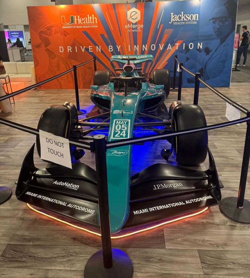 A Formula 1 race car is on display during the 10th annual eMerge Americas conference in Miami Beach, FL on April 19, 2024. Jackson Health System hosted a panel during the conference discussing how it creates a trauma center at the trace track for the Miami Grand Prix.