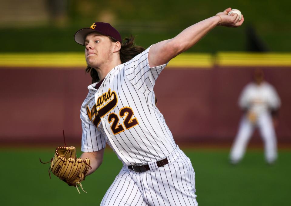 Bloomington North’s Caden McCoy (22) throws a pitch during the game against Terre Haute North at North on Tuesday, April 19, 2022.