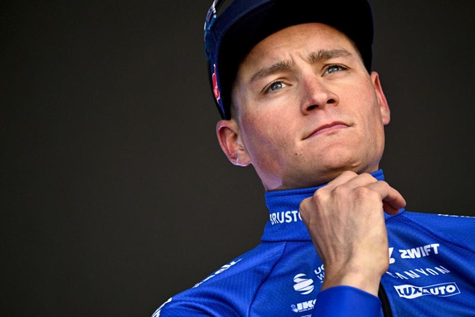 Dutch Mathieu van der Poel of AlpecinDeceuninck pictured on the podium after the E3 Saxo Bank Classic one day cycling race 2041km from and to Harelbeke Friday 24 March 2023 BELGA PHOTO JASPER JACOBS Photo by JASPER JACOBS  BELGA MAG  Belga via AFP Photo by JASPER JACOBSBELGA MAGAFP via Getty Images