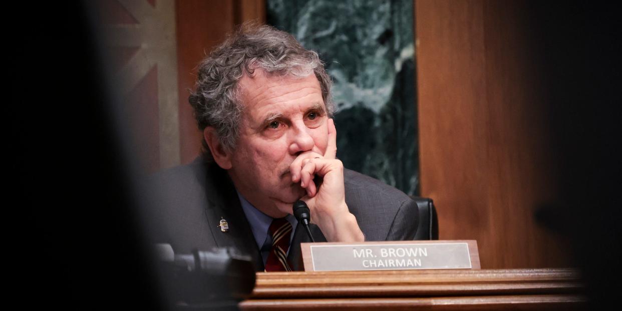 Sen. Sherrod Brown, pictured here in February, has his hand to his face in front of a brown and marble background.