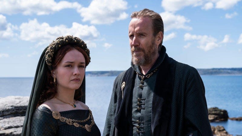 Olivia Cooke as Alicent Hightower and Rhys Ifans as Otto Hightower in HBO's House of Dragon.