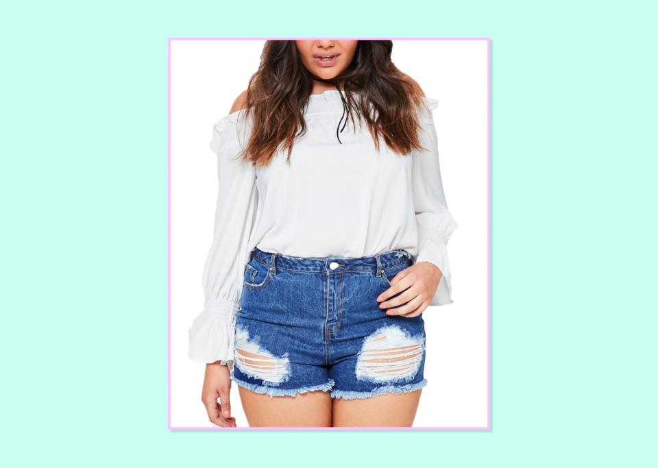 <p>$56, <a rel="nofollow noopener" href="https://www.missguidedus.com/plus-size-blue-high-waist-busted-hem-shorts-10044505-blue" target="_blank" data-ylk="slk:Missguided;elm:context_link;itc:0;sec:content-canvas" class="link ">Missguided</a> </p>