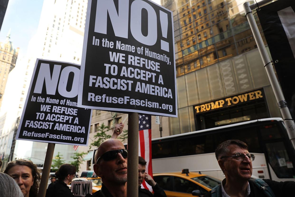 Protesters gather outside of Trump Tower a day after FBI Director James Comey was fired by President Donald Trump on May 10, 2017 in New York City.