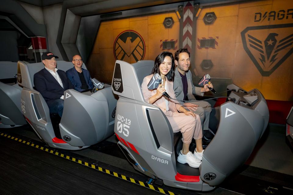 Kevin Feige, Jessica Hsuan and Rudd on the 'Nano Battle!' ride (Photo: Disney Parks)