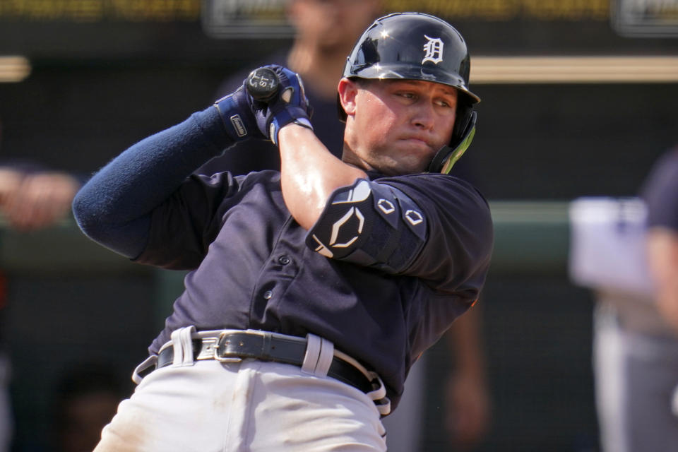 Detroit Tigers' Spencer Torkelson gets out of the way of an inside pitch during the fifth inning of a spring training exhibition baseball game against the Pittsburgh Pirates at LECOM Park in Bradenton, Fla., Tuesday, March 2, 2021. (AP Photo/Gene J. Puskar