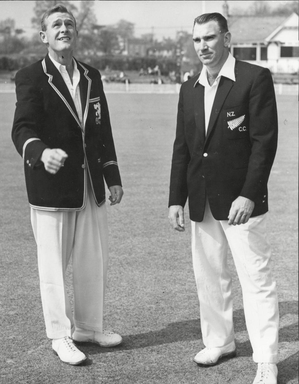 Tossing up with the Worcestershire captain Peter Richardson before a tour match in 1958 - ANL/Shutterstock