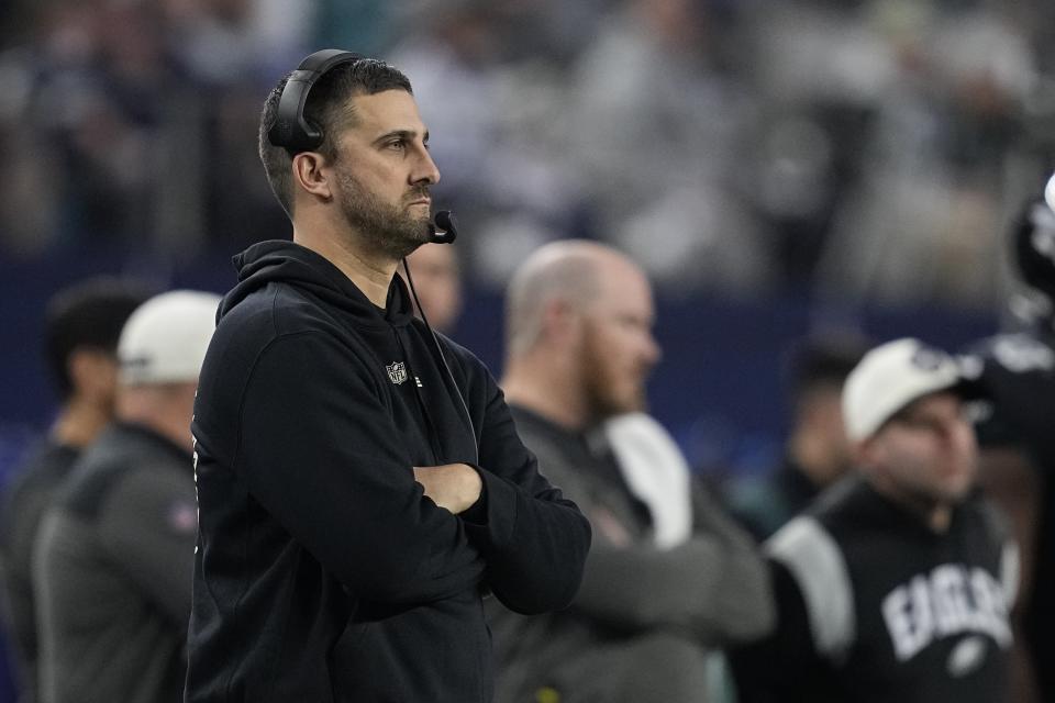 Philadelphia Eagles head coach Nick Sirianni watches during the second half of an NFL football game against the Dallas Cowboys Saturday, Dec. 24, 2022, in Arlington, Texas. (AP Photo/Tony Gutierrez)